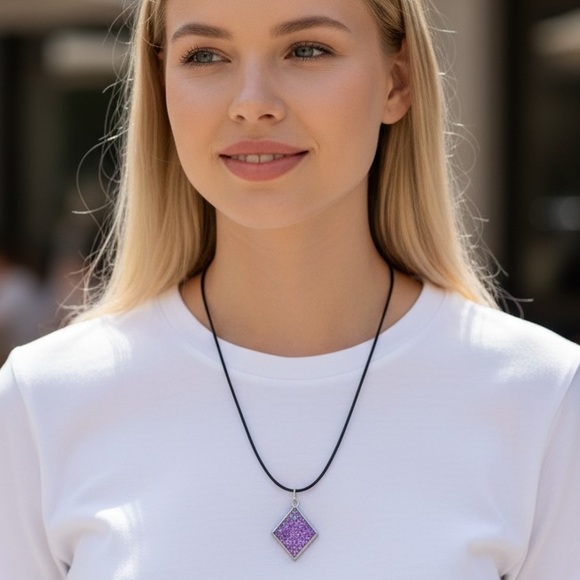 Handmade Resin Diamond Necklace | Purple Glitter Pendant - Picture 2 of 7